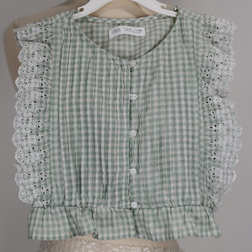 🩰 Zara NWOT Sage Green White Eyelet Dress Top Blouse Summer Party Lace Girls